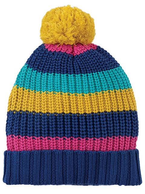 Cappello in maglia a righe colorate e pompon giallo