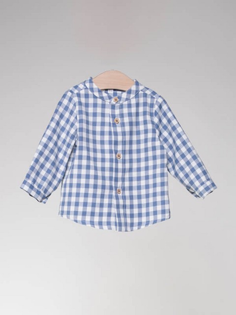 Camicia in cotone a quadri bianchi e blu e colletto alla coreana